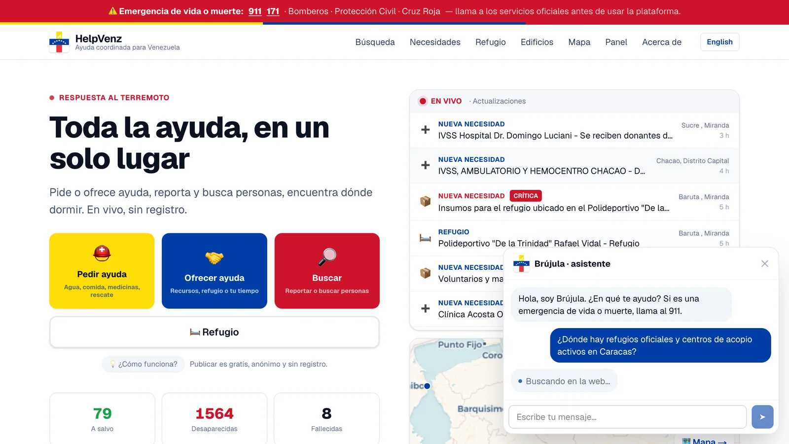 Página de inicio de HelpVenz con el feed en vivo de necesidades de hospitales y refugios de Caracas, y el asistente Brújula abierto buscando en la web refugios oficiales en Caracas.