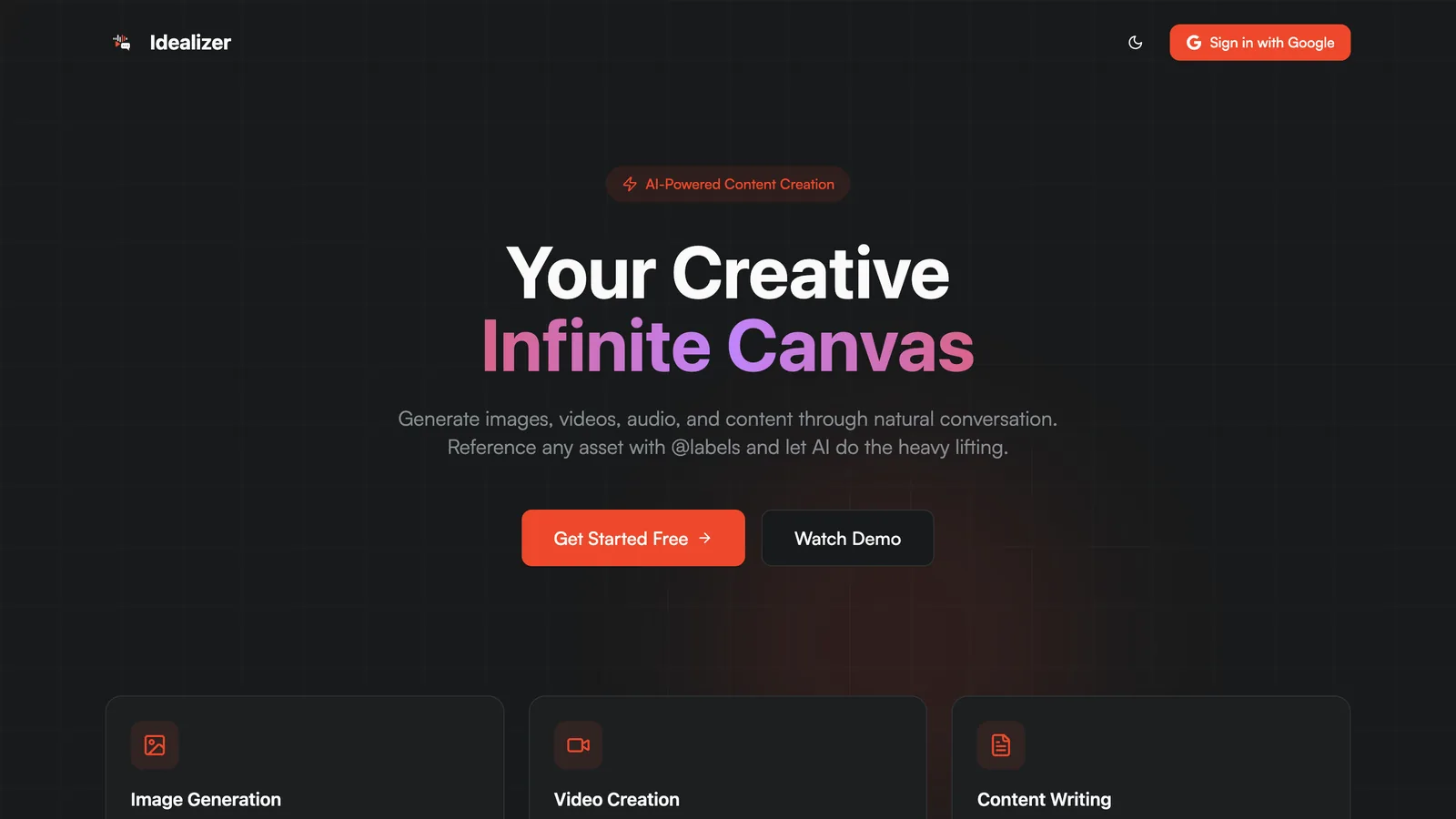 Landing de Idealizer: 'Your Creative Infinite Canvas' en blanco y rosa sobre fondo oscuro, con tarjetas de generación de imágenes, creación de video y redacción de contenido