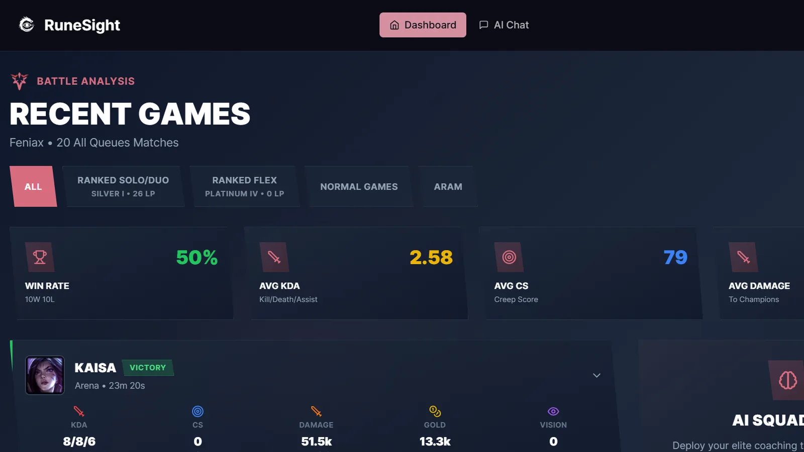 Dashboard de RuneSight en modo oscuro: partidas recientes, pestañas por cola (Ranked Solo/Duo, Flex, Normal, ARAM) y tarjetas de win rate, KDA, CS y daño