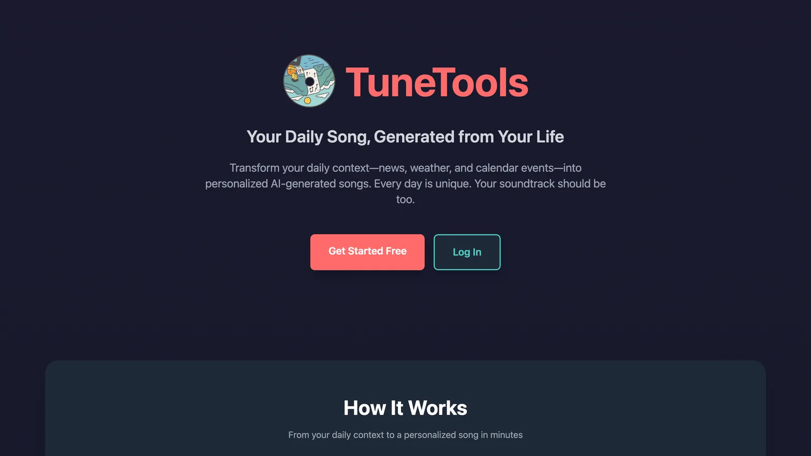 Landing de TuneTools: un logo de disco de vinilo girando, la frase 'Your Daily Song, Generated from Your Life' y los botones Get Started / Log In sobre fondo oscuro.