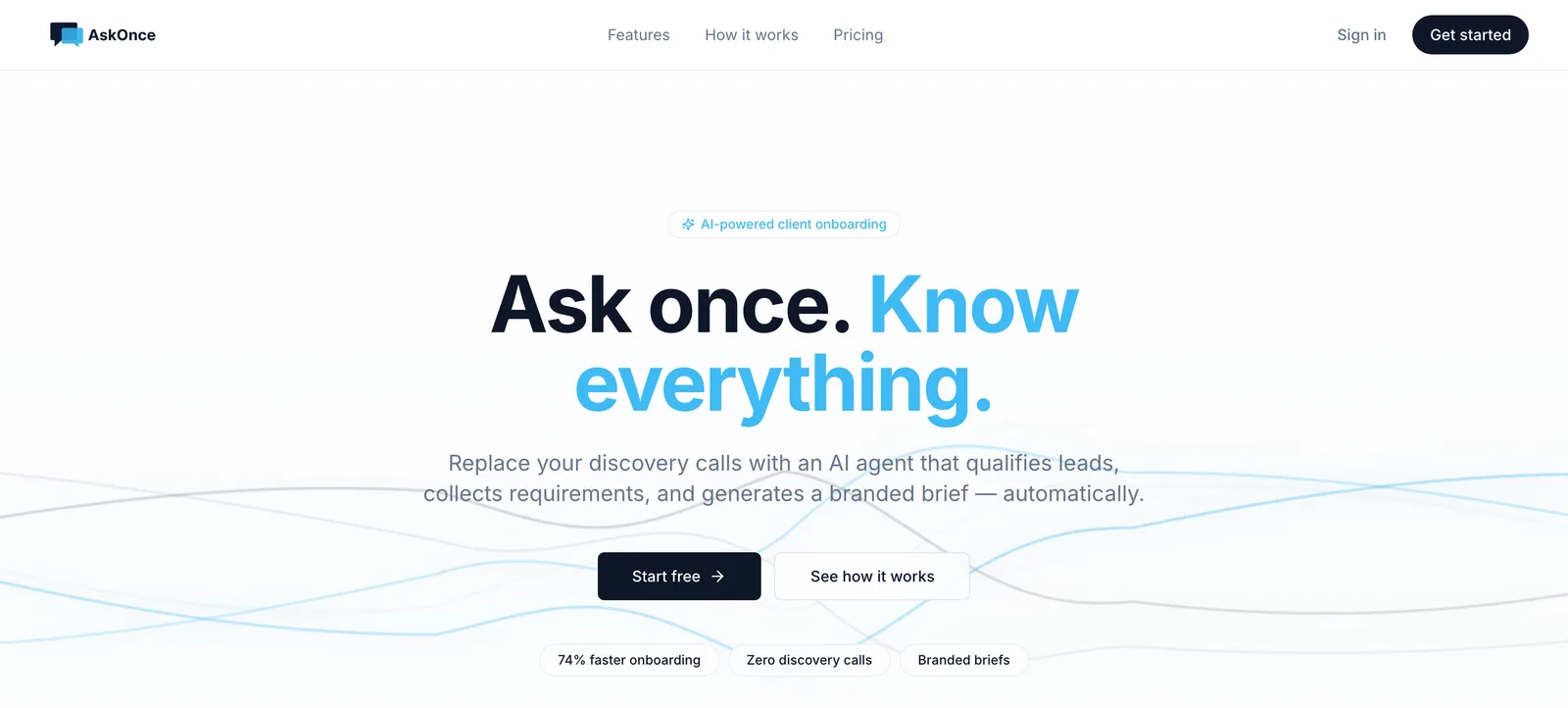 Landing de AskOnce con el titular "Ask once. Know everything."