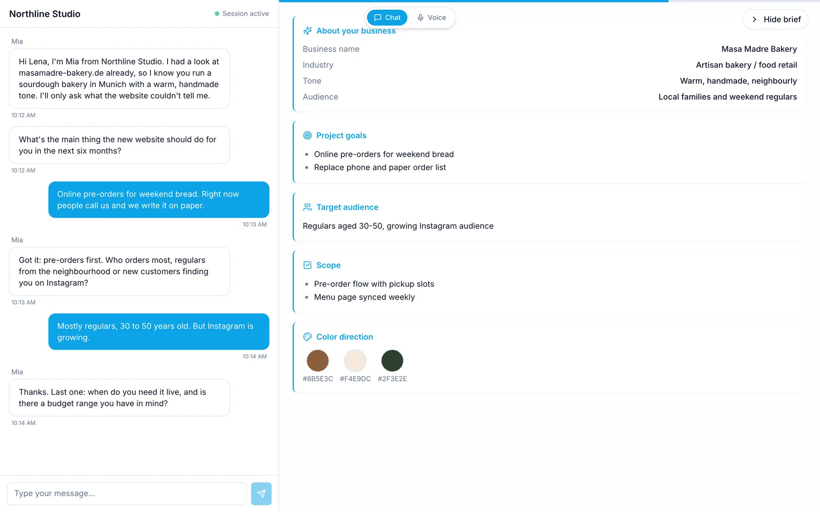 Sesión de cliente en AskOnce con el chat a la izquierda y el brief en vivo a la derecha