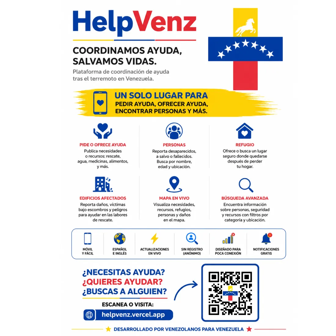 Flyer de HelpVenz: pide ayuda, ofrece ayuda, encuentra personas, con un código QR a helpvenz.vercel.app