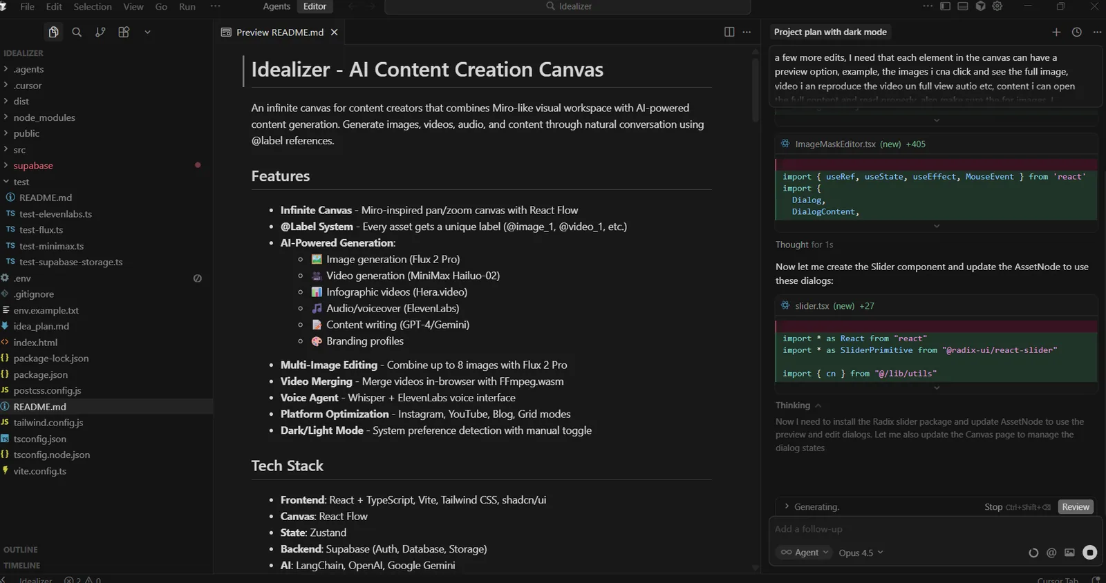 Cursor con el README de Idealizer abierto a la izquierda y el panel del agente a la derecha escribiendo ImageMaskEditor.tsx y un componente slider