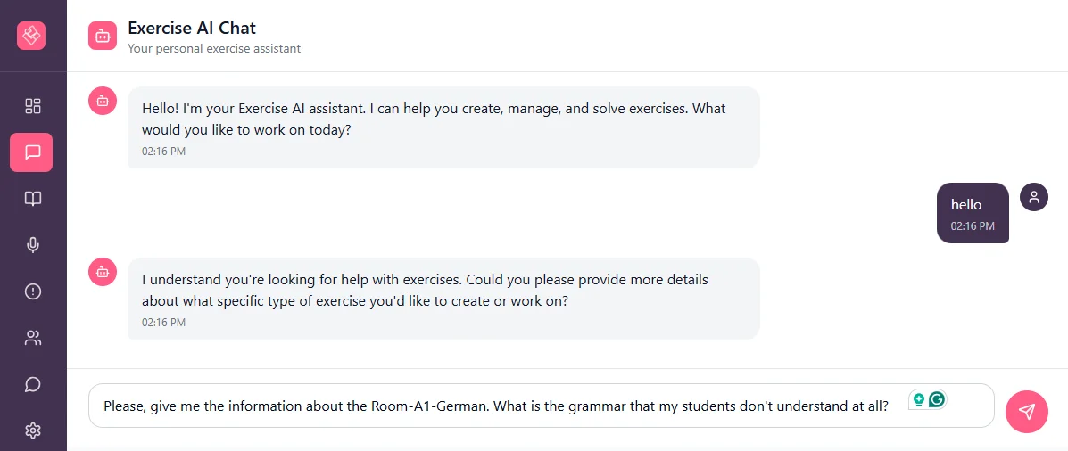 La pantalla Exercise AI Chat con un profesor preguntando por la gramática que más le cuesta a su aula de alemán A1