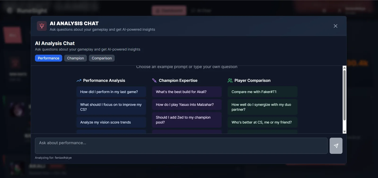 AI Analysis Chat con prompts de ejemplo agrupados en Performance, Champion Expertise y Player Comparison