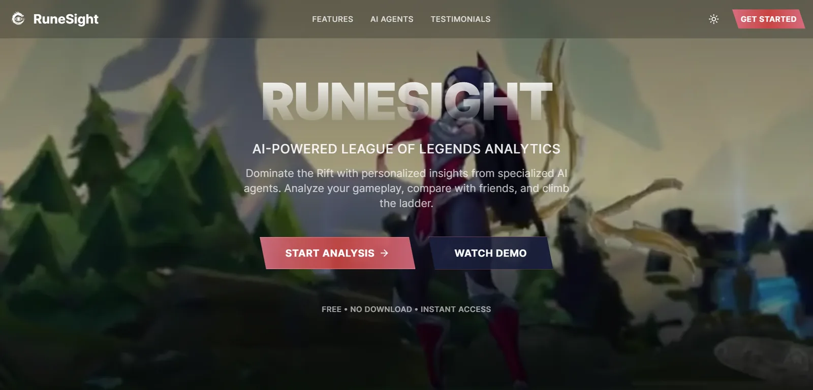 Landing de RuneSight con un campeón de League de fondo y los botones Start Analysis y Watch Demo