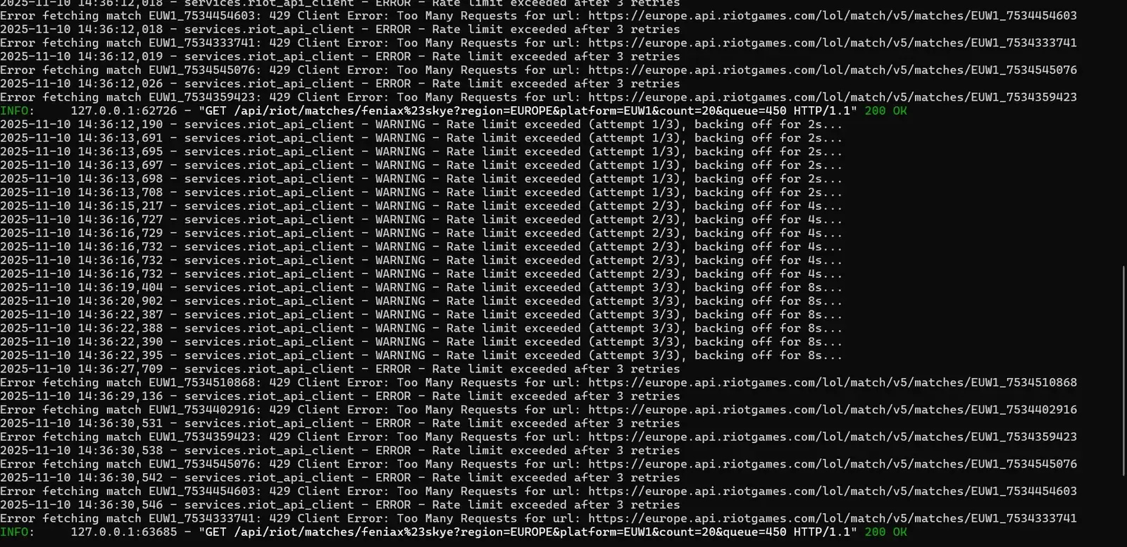 Log de terminal lleno de errores 429 de la API de Riot y avisos de reintento
