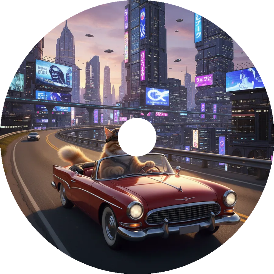 Una portada de álbum generada convertida en vinilo: un gato naranja con gafas de aviador conduce un descapotable rojo por una autopista elevada en una ciudad de neón al atardecer, con un agujero en el centro.