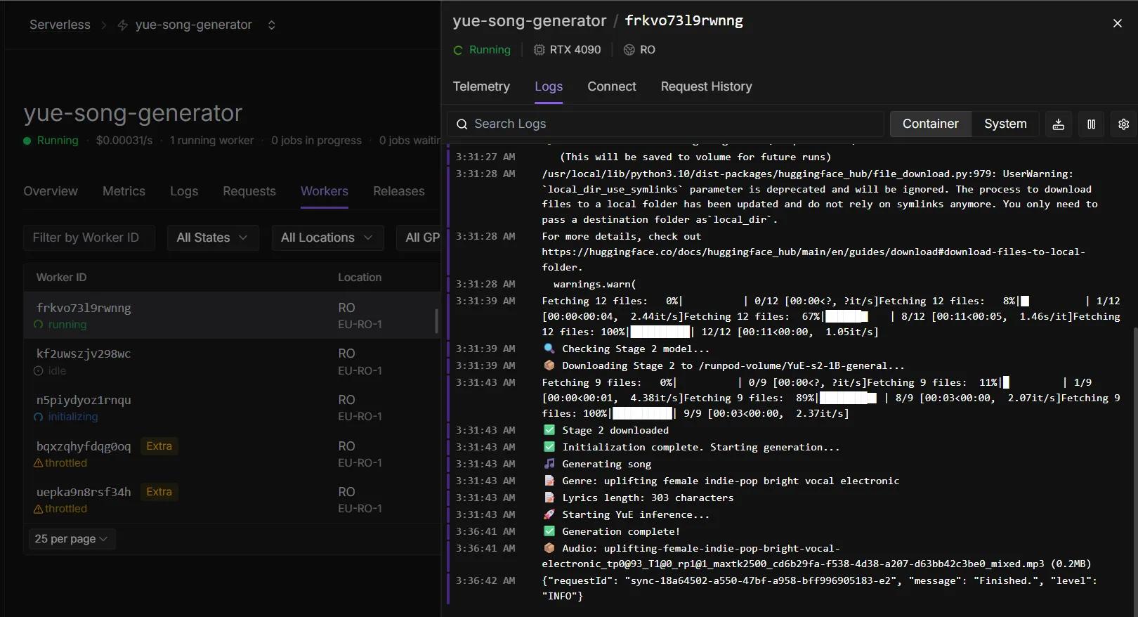 Dashboard de RunPod con un log en vivo: el modelo stage 2 descargándose al network volume, luego 'Starting YuE inference' a las 3:31 y 'Generation complete' a las 3:36.