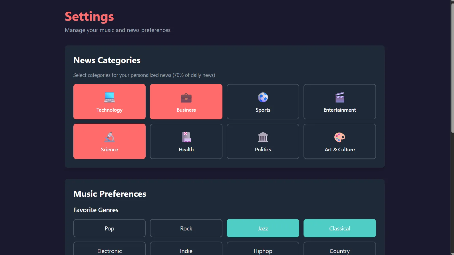Página de ajustes de TuneTools: categorías de noticias con Technology, Business y Science seleccionadas, y debajo botones de géneros musicales con Jazz y Classical seleccionados.